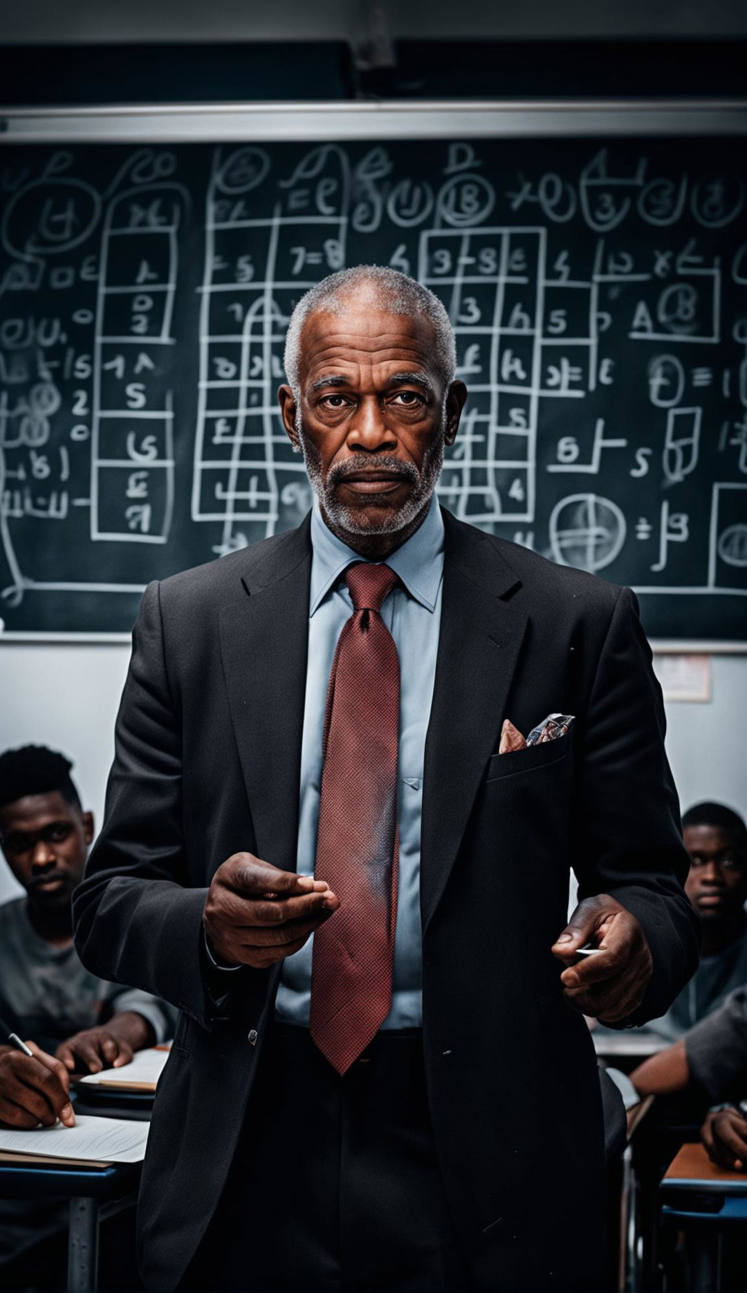 A black professor teaching in a classroom filled with students, captured in Yousuf Karsh style 36k HD photography. The professor stands out against the blurred background, his expressive face and animated hands conveying his passion for his subject.