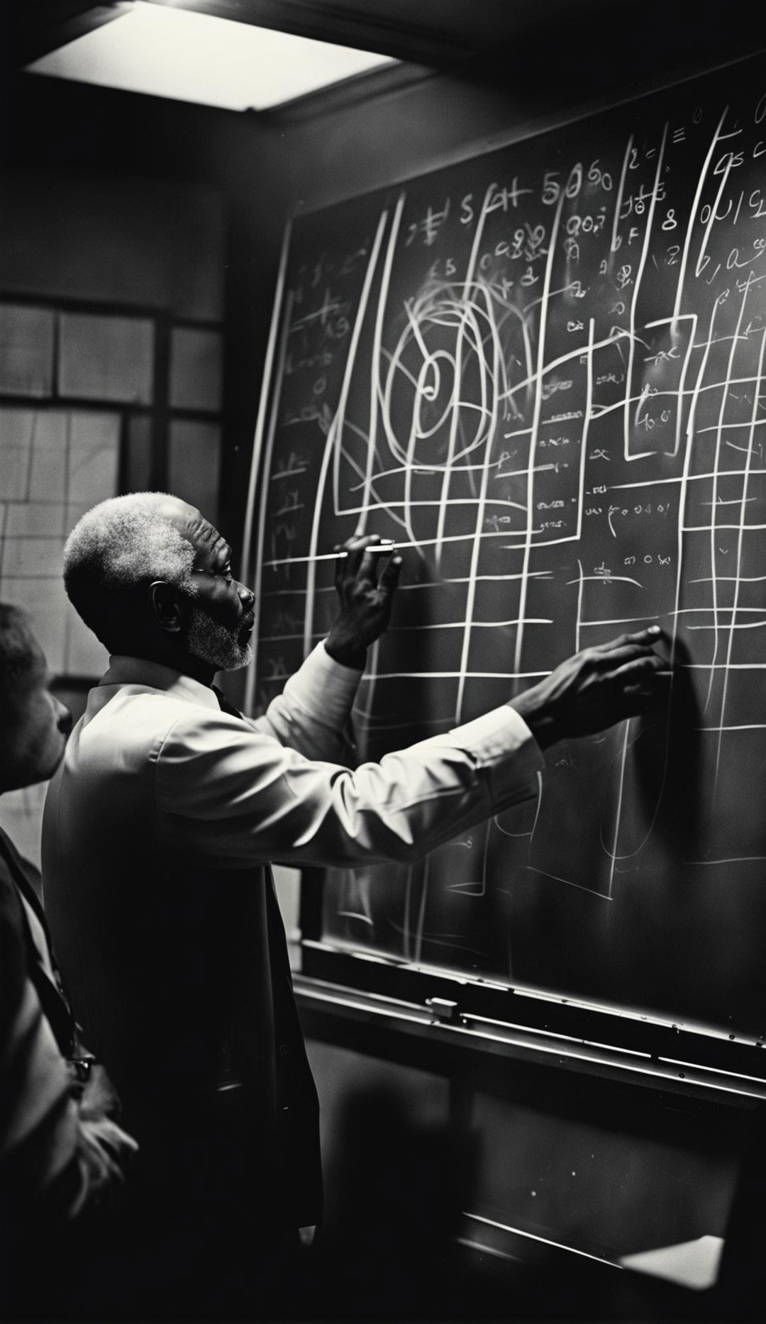 A black professor teaching in a 1970s classroom, captured mid-motion in Yousuf Karsh style 36k HD double exposure photography. The image is black and white, with warm light streaming through windows.