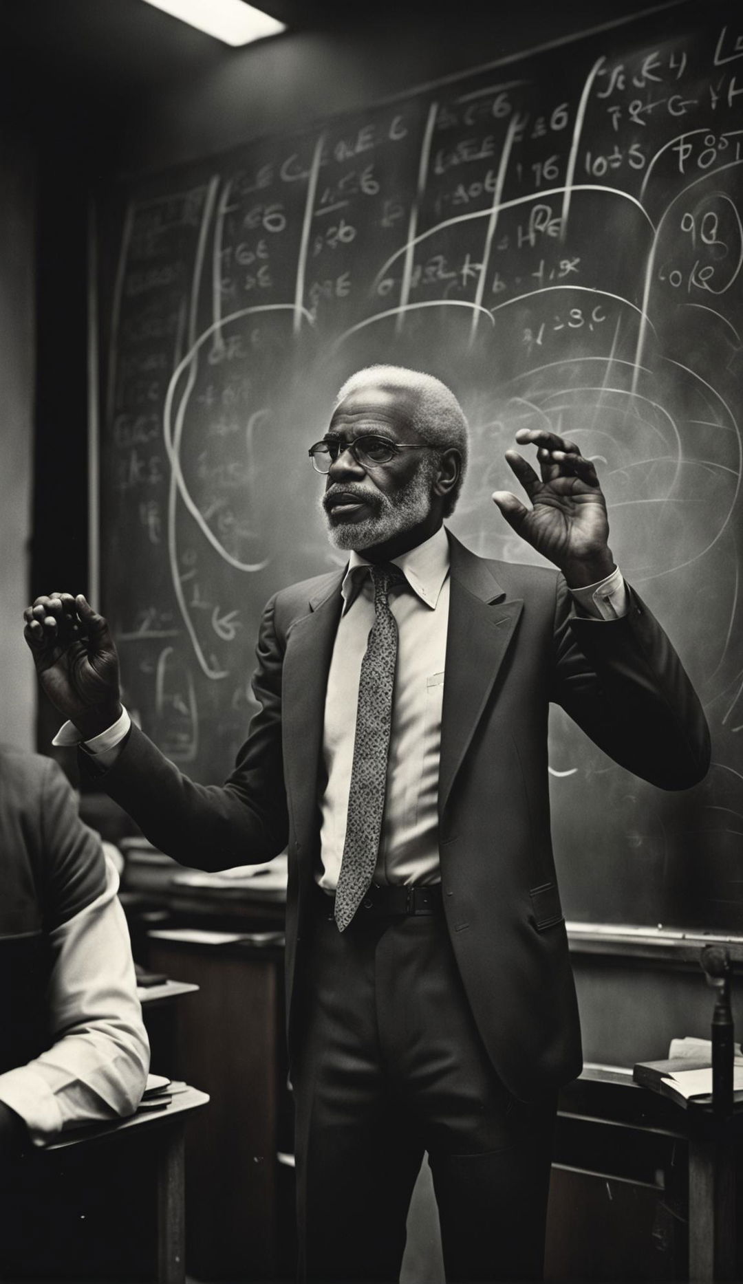 Black and white 36k HD double exposure photograph in Yousuf Karsh style of a black professor teaching in a 1970s classroom, captured mid-motion from a side profile with warm light streaming through windows.