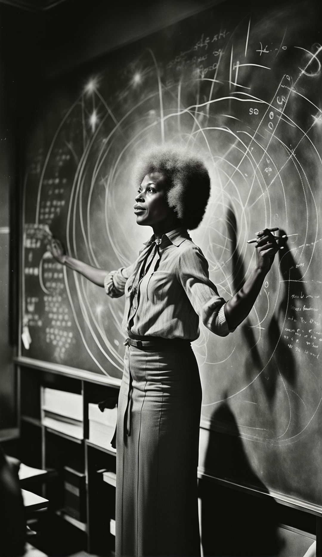 Black and white 36k HD double exposure photograph in Yousuf Karsh style of a black woman astrophysics professor teaching in a 1970s classroom, captured mid-motion from a side profile with warm light streaming through windows.