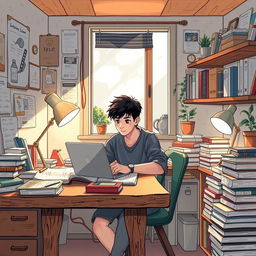 A detailed narrative illustration of a university student sitting at a rustic wooden desk in a cozy dorm room filled with books, notebooks, and a laptop
