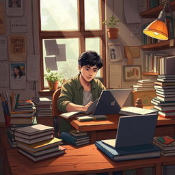 A detailed narrative illustration of a university student sitting at a rustic wooden desk in a cozy dorm room filled with books, notebooks, and a laptop