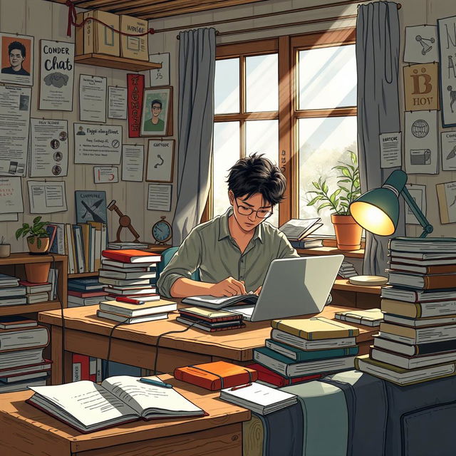 A detailed narrative illustration of a university student sitting at a rustic wooden desk in a cozy dorm room filled with books, notebooks, and a laptop