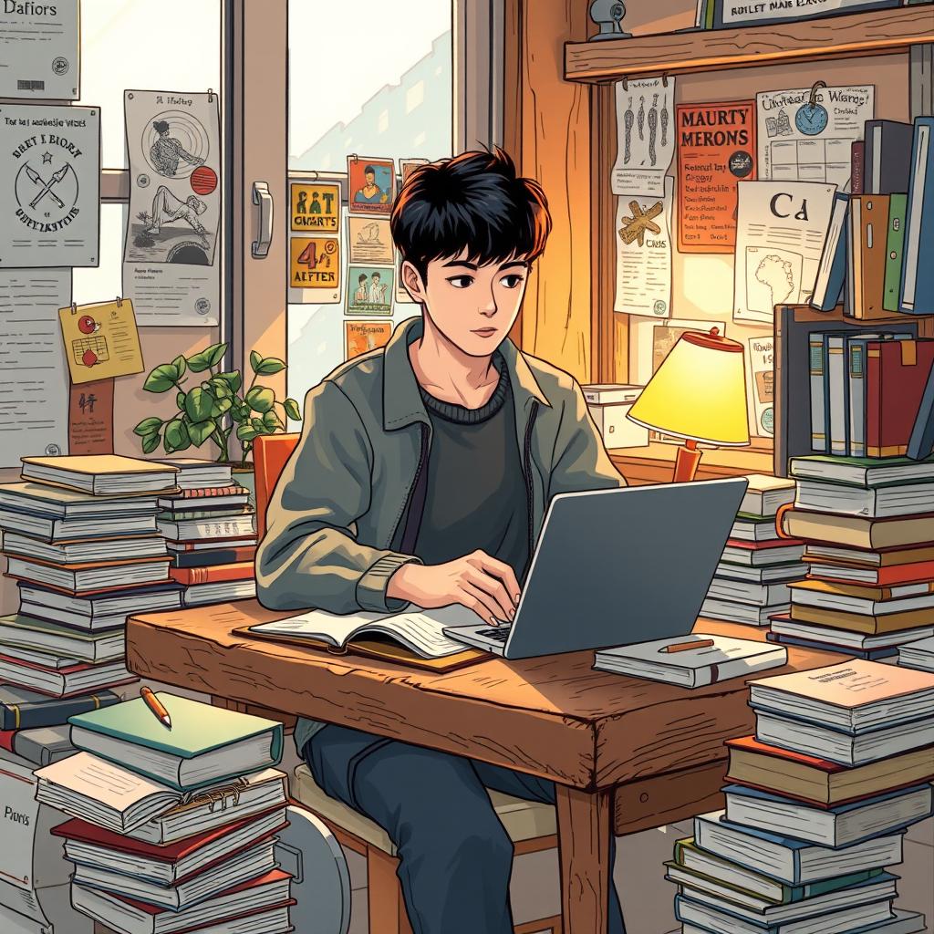 A detailed narrative illustration of a university student sitting at a rustic wooden desk in a cozy dorm room filled with books, notebooks, and a laptop