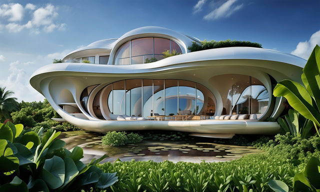 HD architectural photograph of a futuristic pavilion-style house on the coast, inspired by lily pad form and parametric design.