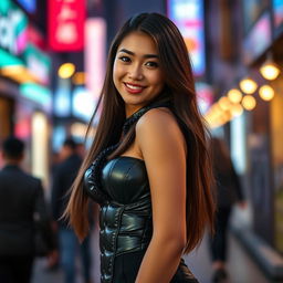 A stunning young woman flaunting a tight, shiny black puffer corset that highlights her curvy figure and ample bosom