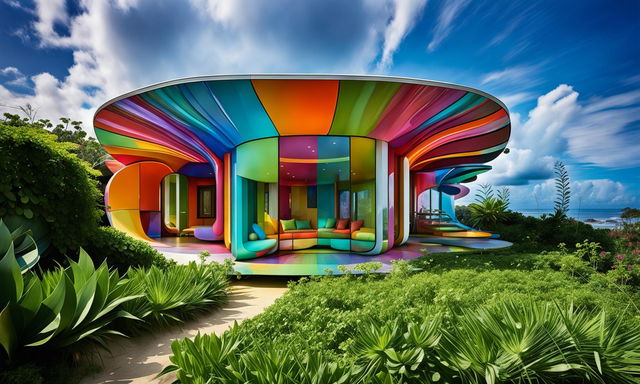 HD architectural photograph of a futuristic, Technicolor pavilion-style house on the coast, inspired by lily pad form, patterns in nature and parametric design.