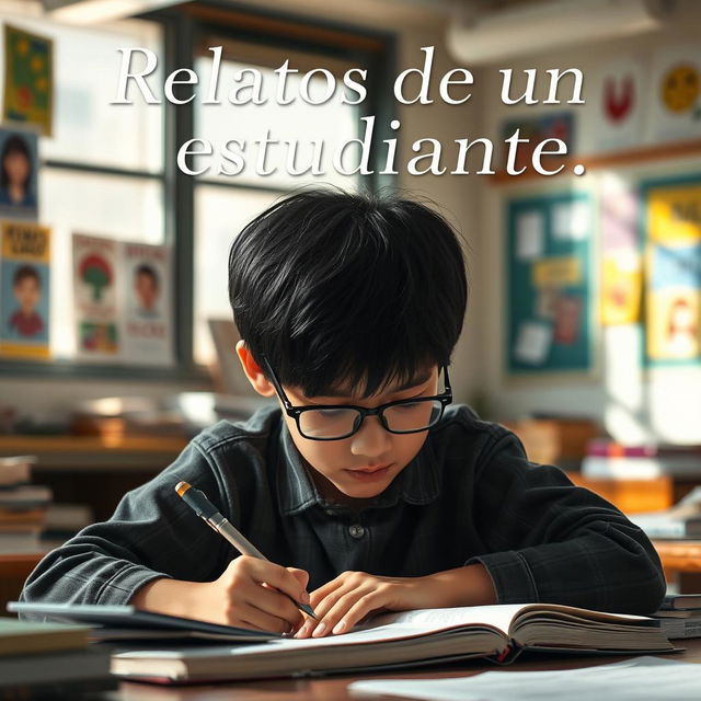 A young student, deep in thought, writing intently in a classroom setting