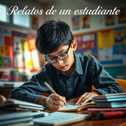 A young student, deep in thought, writing intently in a classroom setting