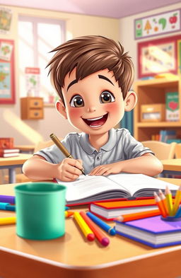 A young student sitting at a desk in a classroom, actively writing notes in a notebook, surrounded by colorful school supplies
