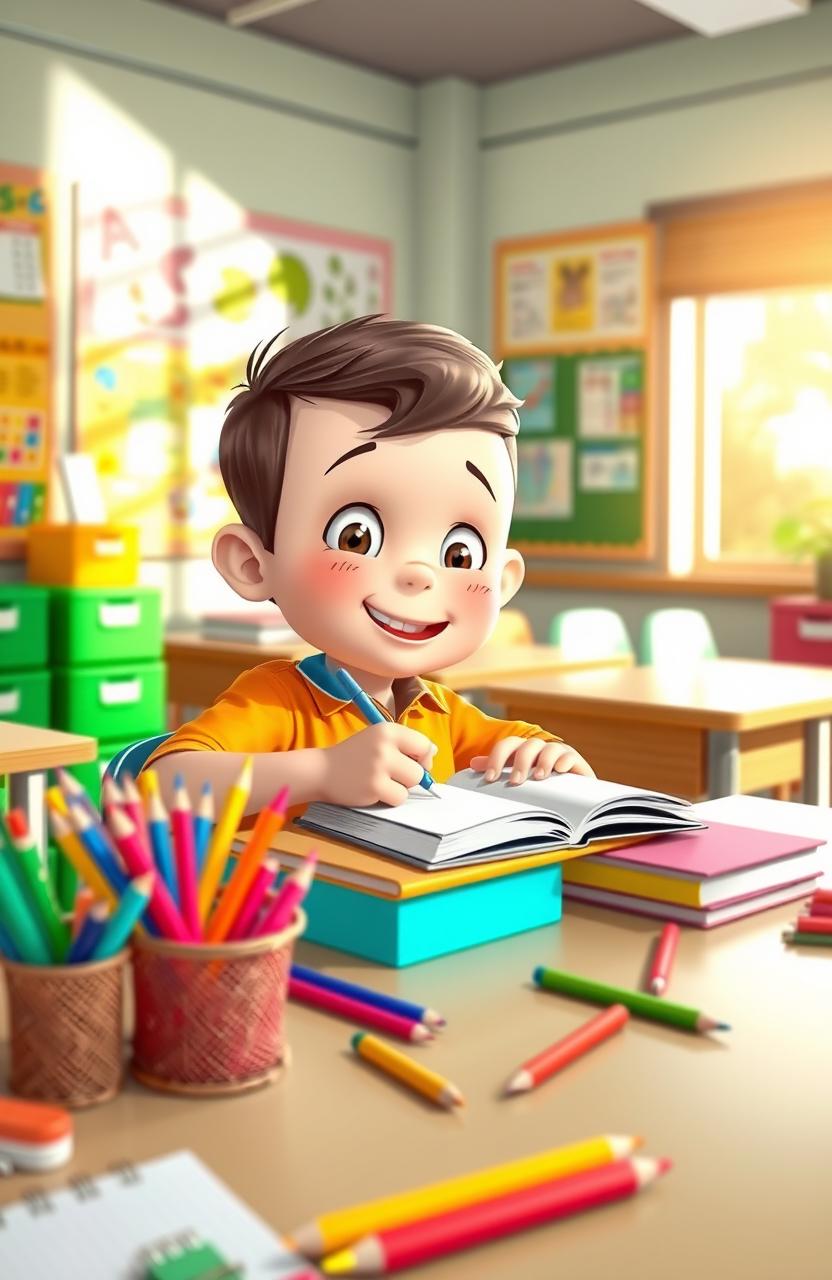 A young student sitting at a desk in a classroom, actively writing notes in a notebook, surrounded by colorful school supplies