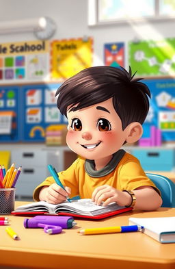 A young student sitting at a desk in a classroom, actively writing notes in a notebook, surrounded by colorful school supplies