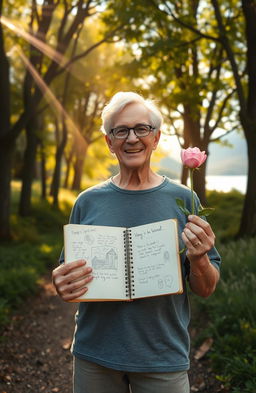 A heartfelt visual representation of a 50-year-old individual reflecting on their one-year personal growth journey
