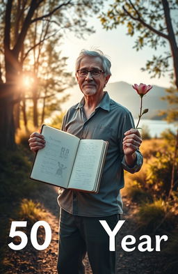 A heartfelt visual representation of a 50-year-old individual reflecting on their one-year personal growth journey