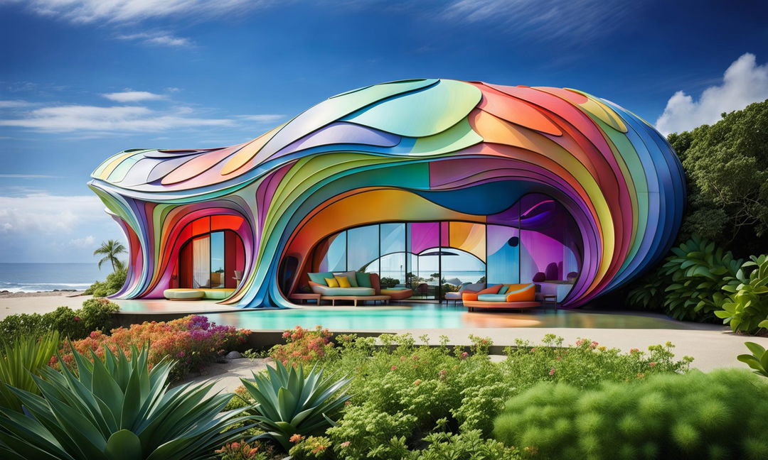 HD architectural photograph of a fluid, futuristic, Technicolor pavilion-style house on the coast, inspired by lily pad form, patterns in nature, parametric design and the works of Zaha Hadid and Kuma Kengo.