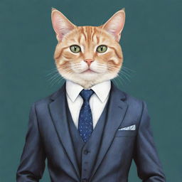 A whimsical illustration featuring a humanoid cat dressed in a sophisticated suit, complete with a tie and pocket square. Its expression is suave and charming.