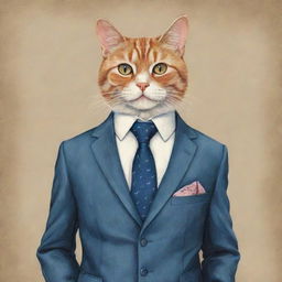 A whimsical illustration featuring a humanoid cat dressed in a sophisticated suit, complete with a tie and pocket square. Its expression is suave and charming.