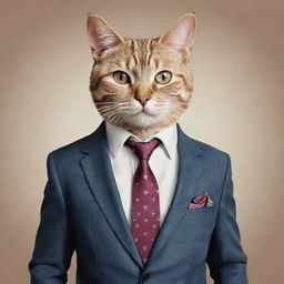 A whimsical illustration featuring a humanoid cat dressed in a sophisticated suit, complete with a tie and pocket square. Its expression is suave and charming.