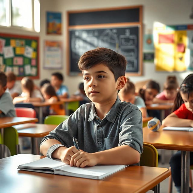 A cozy classroom setting featuring a young student sitting at a desk, surrounded by fellow classmates