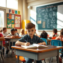 A cozy classroom setting featuring a young student sitting at a desk, surrounded by fellow classmates