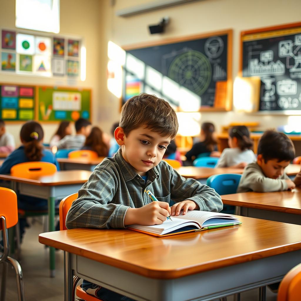 A cozy classroom setting featuring a young student sitting at a desk, surrounded by fellow classmates