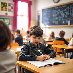A cozy classroom setting featuring a young student sitting at a desk, surrounded by fellow classmates
