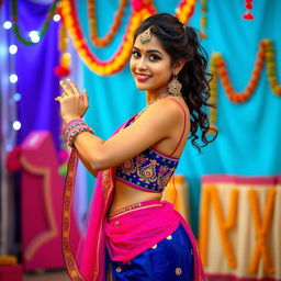A sexy young woman dressed in a traditional Navratri outfit, with vibrant colors and intricate designs
