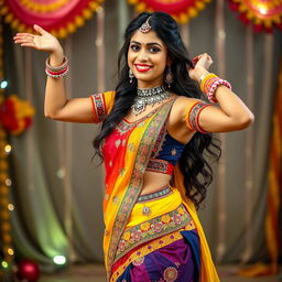 A sexy young woman dressed in a traditional Navratri outfit, with vibrant colors and intricate designs