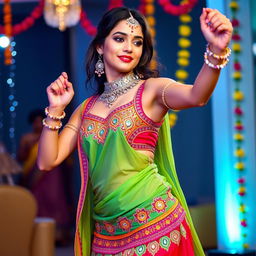 A sexy young woman dressed in a traditional Navratri outfit, with vibrant colors and intricate designs