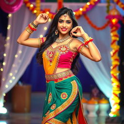 A sexy young woman dressed in a traditional Navratri outfit, with vibrant colors and intricate designs