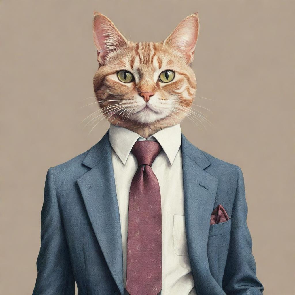 A whimsical illustration featuring a humanoid cat dressed in a sophisticated suit, complete with a tie and pocket square. Its expression is suave and charming.