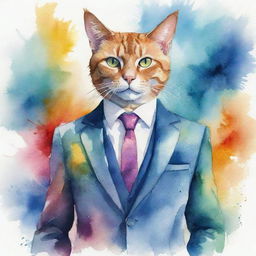 A charismatic illustration of a humanoid cat in a sophisticated suit against a watercolor background, flowing with dynamic colors and abstract forms.