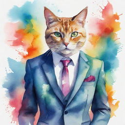 A charismatic illustration of a humanoid cat in a sophisticated suit against a watercolor background, flowing with dynamic colors and abstract forms.