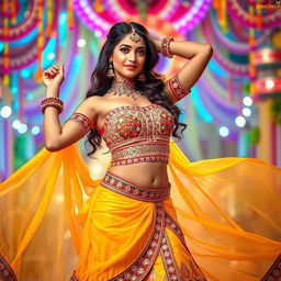 A sexy young woman wearing a traditional Navratri outfit, featuring a stunning choli and a flowing lehenga