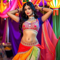 A sexy young woman wearing a traditional Navratri outfit, featuring a stunning choli and a flowing lehenga