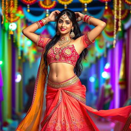 A sexy young woman wearing a traditional Navratri outfit, featuring a stunning choli and a flowing lehenga