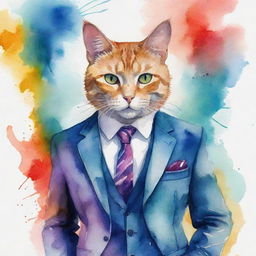 A charismatic illustration of a humanoid cat in a sophisticated suit against a watercolor background, flowing with dynamic colors and abstract forms.