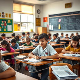 A classroom filled with young students sitting at their desks, engaged in various activities