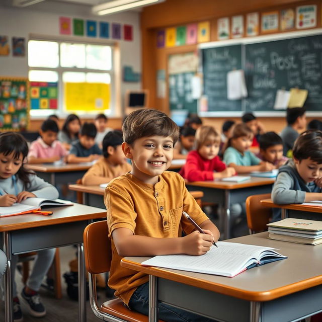 A classroom filled with young students sitting at their desks, engaged in various activities