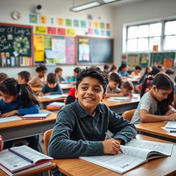 A classroom filled with young students sitting at their desks, engaged in various activities