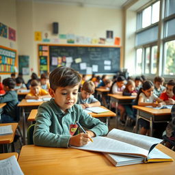 A classroom filled with young students sitting at their desks, engaged in various activities
