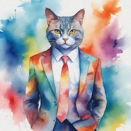 A charismatic illustration of a humanoid cat in a sophisticated suit against a watercolor background, flowing with dynamic colors and abstract forms.