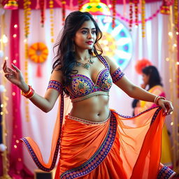 A sexy young woman wearing a traditional Navratri outfit, featuring a stylishly designed choli and a small, fashionable bra under it