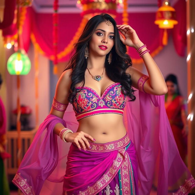 A sexy young woman wearing a traditional Navratri outfit, featuring a stylishly designed choli and a small, fashionable bra under it