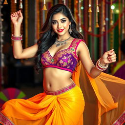 A sexy young woman wearing a traditional Navratri outfit, featuring a stylishly designed choli and a small, fashionable bra under it