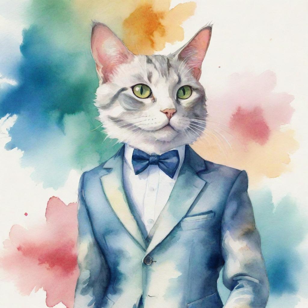 A cartoonish side view of a humanoid cat donned in a dapper suit. It's set against a swirling watercolor background that creates a playful and whimsical atmosphere.