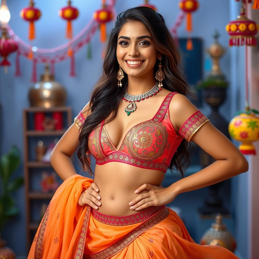 A sexy young woman dressed in a traditional Navratri outfit, consisting of a fashionable choli and a small bra that highlights her curves