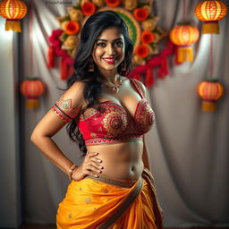 A sexy young woman dressed in a traditional Navratri outfit, consisting of a fashionable choli and a small bra that highlights her curves