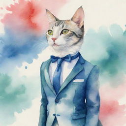 A cartoonish side view of a humanoid cat donned in a dapper suit. It's set against a swirling watercolor background that creates a playful and whimsical atmosphere.