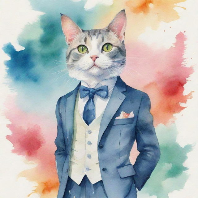 A cartoonish side view of a humanoid cat donned in a dapper suit. It's set against a swirling watercolor background that creates a playful and whimsical atmosphere.